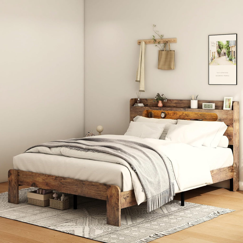 Bellemave Rustic Vintage Queen Size Bed Frame with Storage Headboard and Charging Station,Wooden Platform Bed Frame Queen Size with LED Lights and Wood Slats,Easy Assembly,Dark Brown