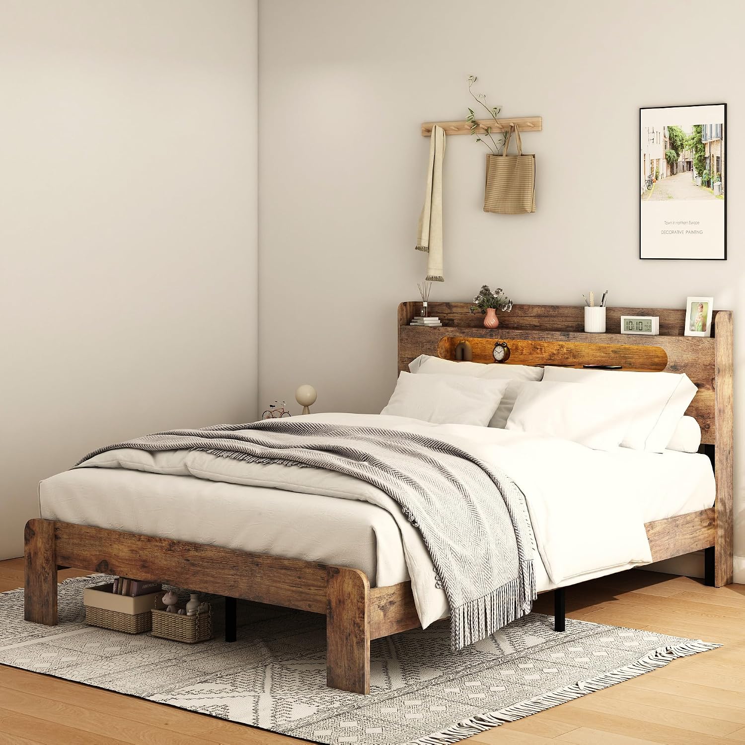 Bellemave Rustic Vintage Full Size Bed Frame with Storage Headboard and Charging Station,Wooden Platform Bed Frame Full Size with LED Lights and Wood Slats,Easy Assembly,Dark Brown