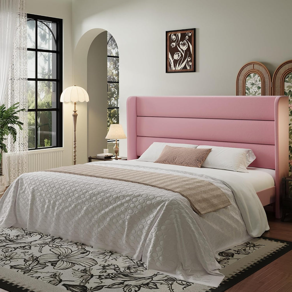 SHA CERLIN Queen Size Velvet Bed Frame with Wingback Headboard/Upholstered Platform Bed with Wooden Slats/Mattress Foundation/No Box Spring Needed/Easy Assembly/Pink