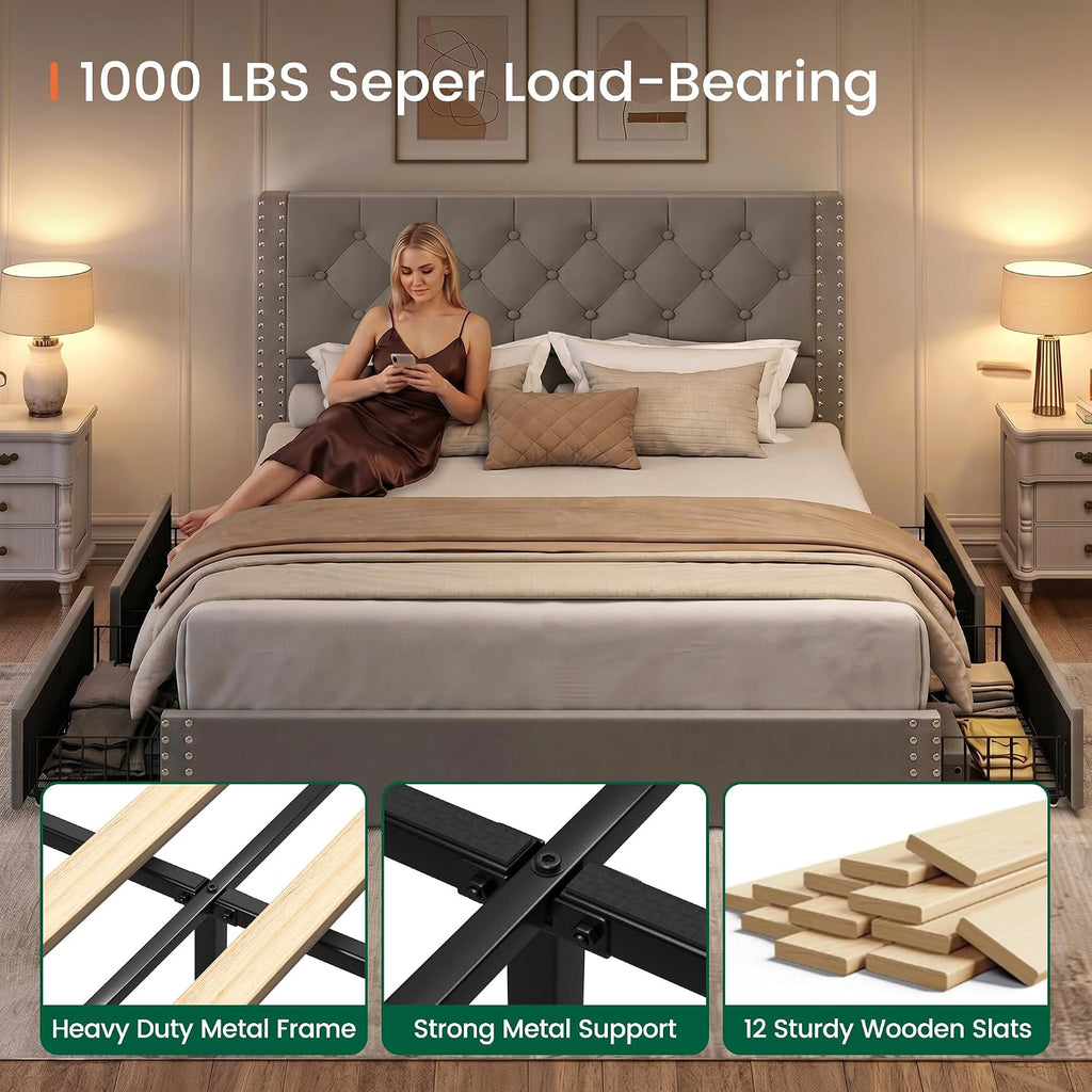 LARMACE Full Size Bed Frame Upholstered Platform Bed with 4 Storage Drawers and Tufted Headboard Bed Frame with Heavy Duty Wood Slats, No Box Spring Needed, Easy Assembly, Bluish Grey