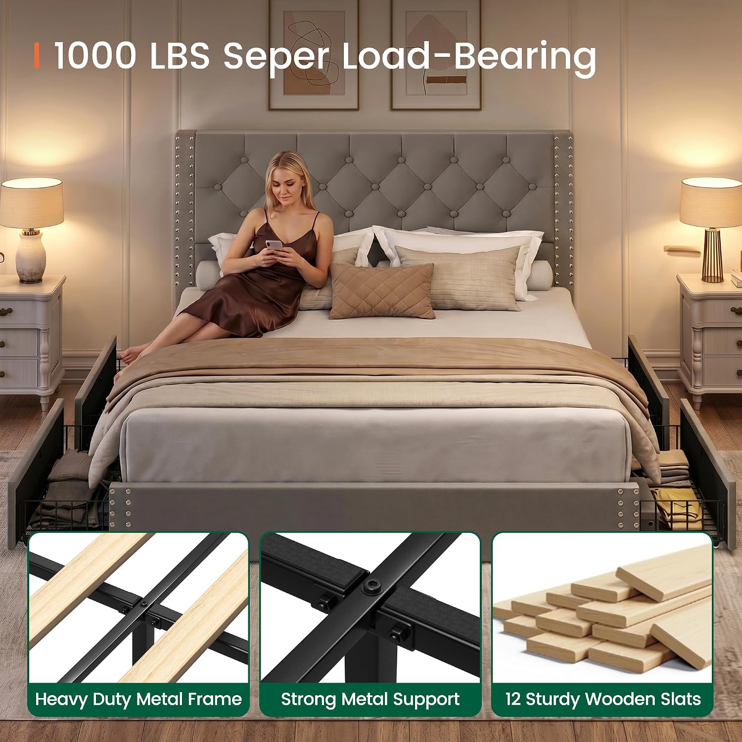 LARMACE Full Size Bed Frame Upholstered Platform Bed with 4 Storage Drawers and Tufted Headboard Bed Frame with Heavy Duty Wood Slats, No Box Spring Needed, Easy Assembly, Bluish Grey