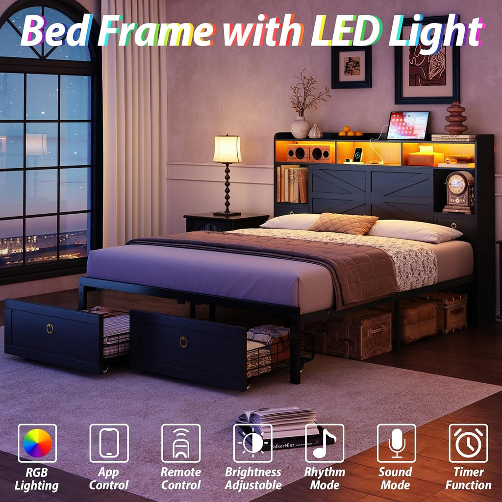 TIGUBFRE Queen Bed Frame with Storage Headboard, Farmhouse Wood Bed Frame Queen Size with 4 Drawers, LED Light & Charging Station, Metal Slats Support, Noise Free, No Box Spring Needed, Rustic Black