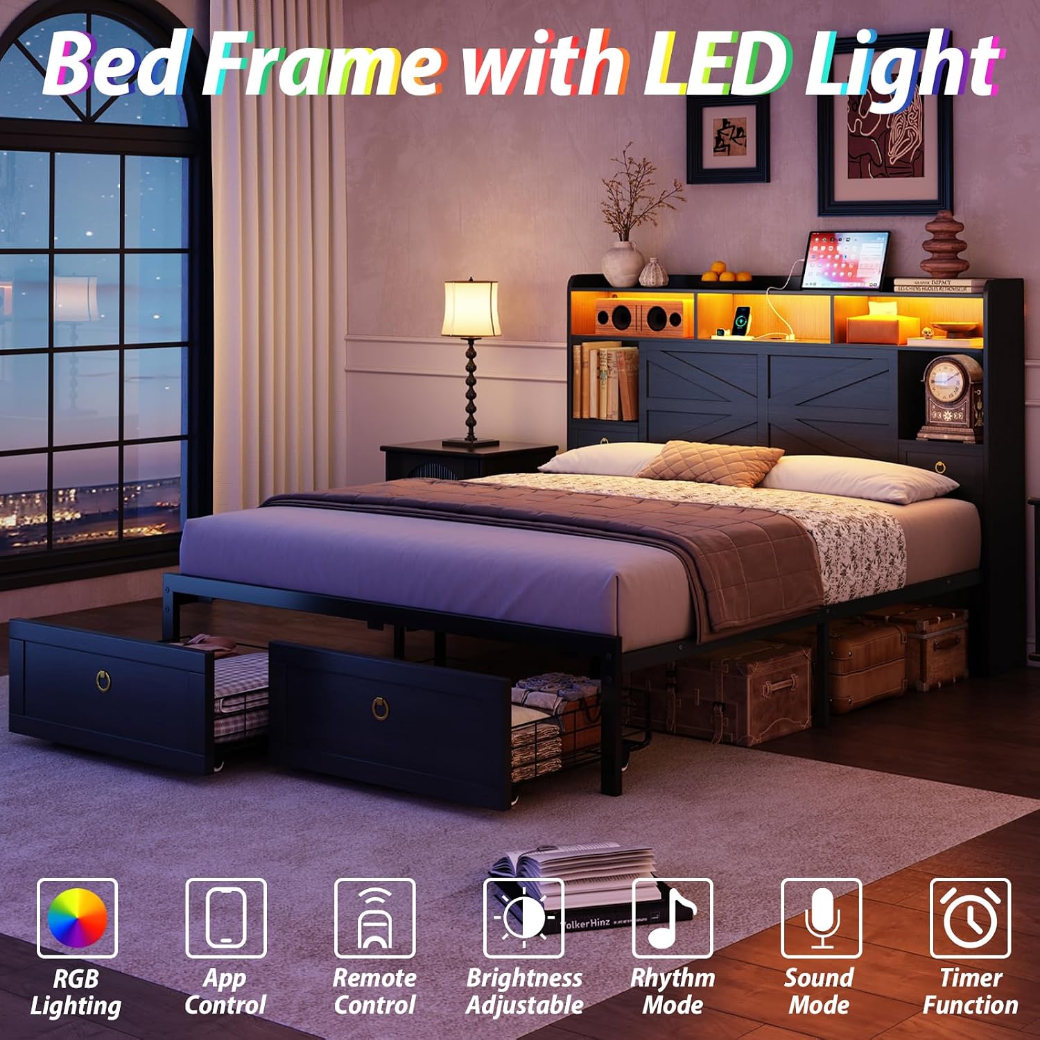 TIGUBFRE Queen Bed Frame with Storage Headboard, Farmhouse Wood Bed Frame Queen Size with 4 Drawers, LED Light & Charging Station, Metal Slats Support, Noise Free, No Box Spring Needed, Rustic Black