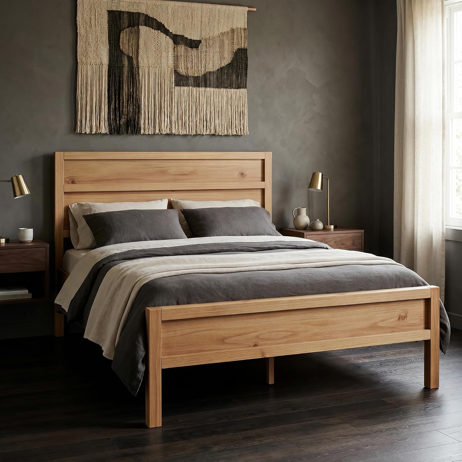 ComfIQ Solid Wood Platform Bed with Wooden Slats – Durable Frame, No Box Spring Required, Ample Underbed Storage, Pine, Queen, Bed and Clean-Line Headboard