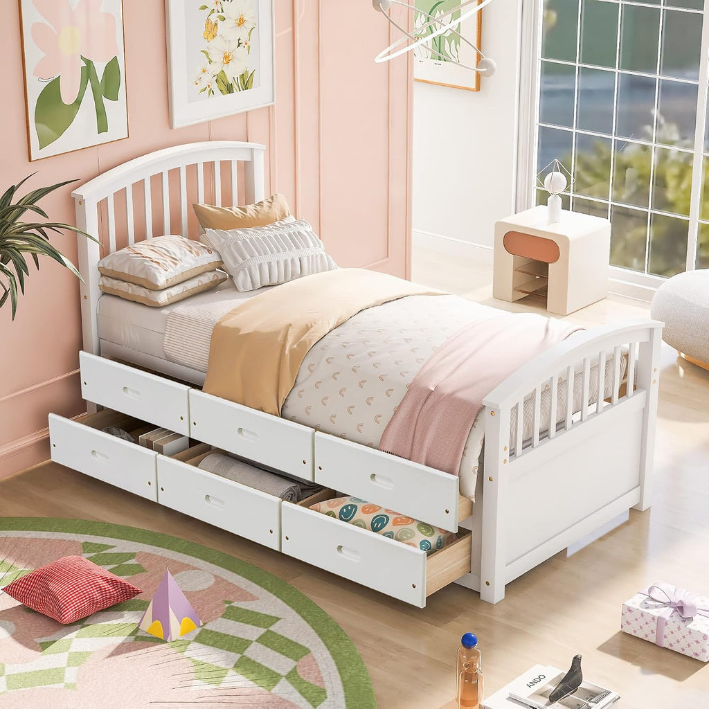 Merax Twin Size Platform Storage Bed Solid Wood Bed with 6 Drawers,White