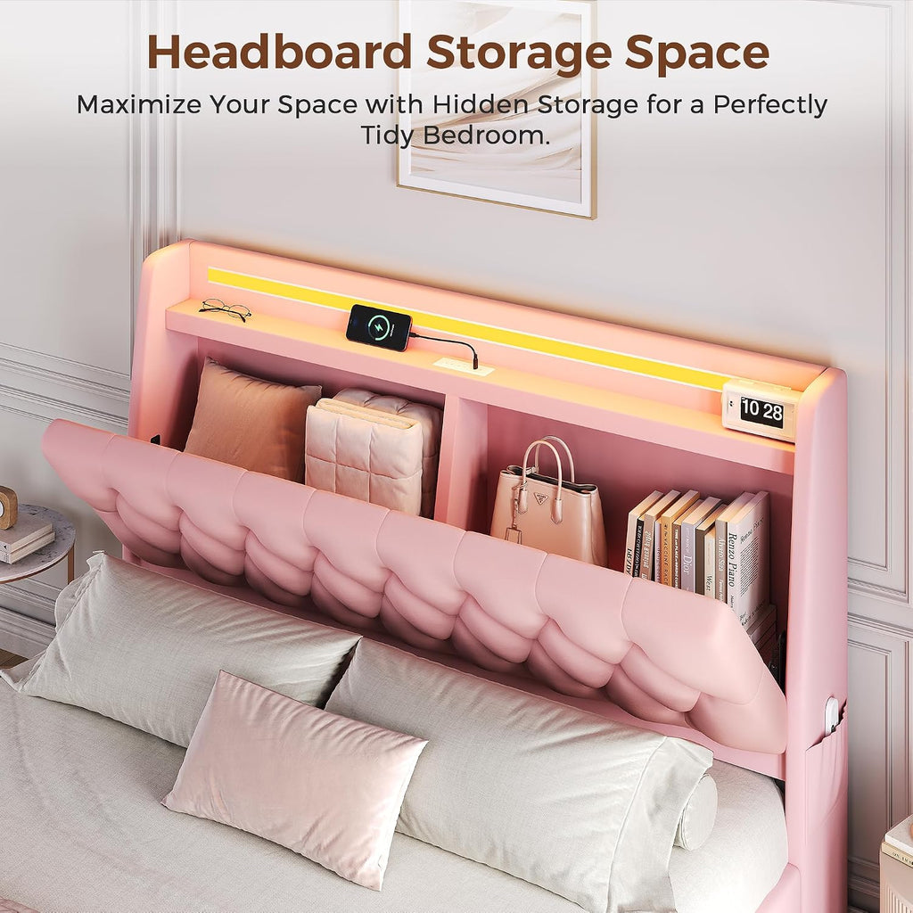 Full LED Velvet Bed Frame with 2 Storage Drawers&Hidden Headboard, Upholstered Platform Bed with Charging Station&Button Tufted Design, Wooden Slats Support, Box Spring Optional, Easy Assembly, Pink