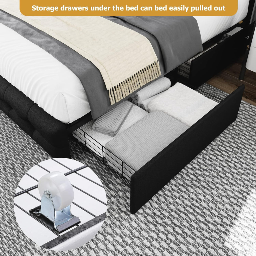 TTVIEW Queen Bed Frame with 4 Storage Drawers and Adjustable Headboard, Upholstered Platform Bed with Button Tufted Design, Strong Wooden Slats Support, No Box Spring Needed, Black