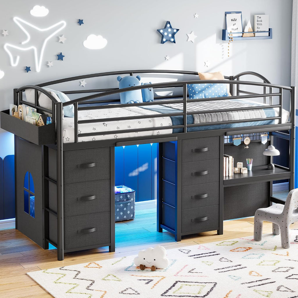 Low Loft Bed Twin Size with 7 Storage Drawers, Desk and LED Lights, Heavy Duty Metal Kids Loft Bed with 12' H Safety Guardrail, Anti-Collision Pad, Private Play Curtain, Under-Bed Play Space - Black
