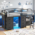 Low Loft Bed Twin Size with 7 Storage Drawers, Desk and LED Lights, Heavy Duty Metal Kids Loft Bed with 12' H Safety Guardrail, Anti-Collision Pad, Private Play Curtain, Under-Bed Play Space - Black