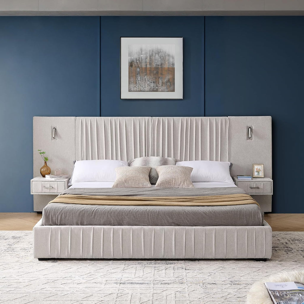Chenille Upholstered King Size Bed Frame with Pleated Design, Integrated Headboard and Nightstands, Adjustable Bedside Lamps, No Box Spring Needed, Luxury Bedroom Furniture (Light Beige)
