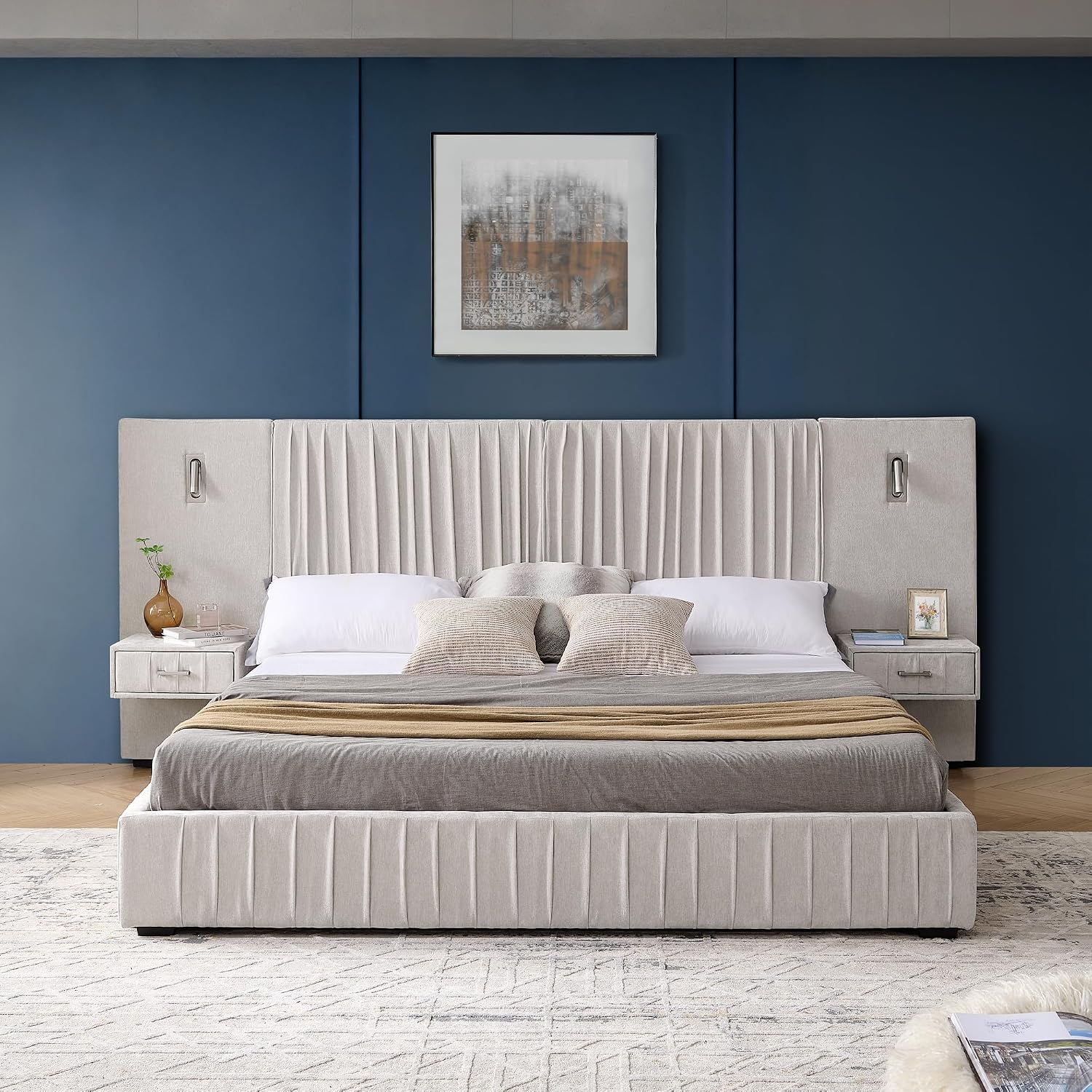 Chenille Upholstered King Size Bed Frame with Pleated Design, Integrated Headboard and Nightstands, Adjustable Bedside Lamps, No Box Spring Needed, Luxury Bedroom Furniture (Light Beige)