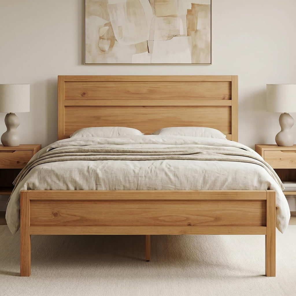 ComfIQ Solid Wood Platform Bed with Wooden Slats – Durable Frame, No Box Spring Required, Ample Underbed Storage, Pine, Queen, Bed and Clean-Line Headboard