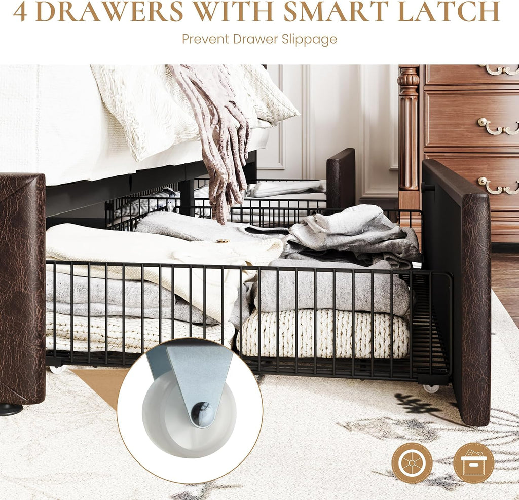 SHA CERLIN Upholstered King Size Platform Bed Frame with 4 Storage Drawers, Adjustable Headboard with Diamond Stitched Button Tufted Design, Wooden Slat Support, No Box Spring Needed, Black Brown