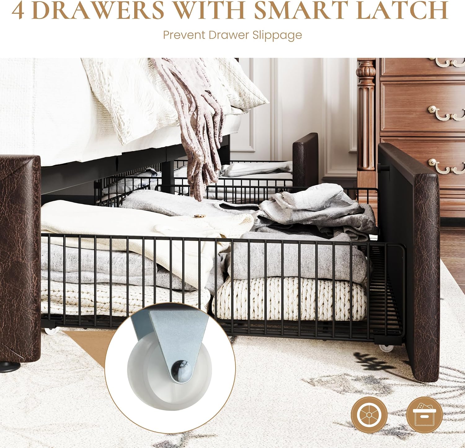 SHA CERLIN Upholstered King Size Platform Bed Frame with 4 Storage Drawers, Adjustable Headboard with Diamond Stitched Button Tufted Design, Wooden Slat Support, No Box Spring Needed, Black Brown