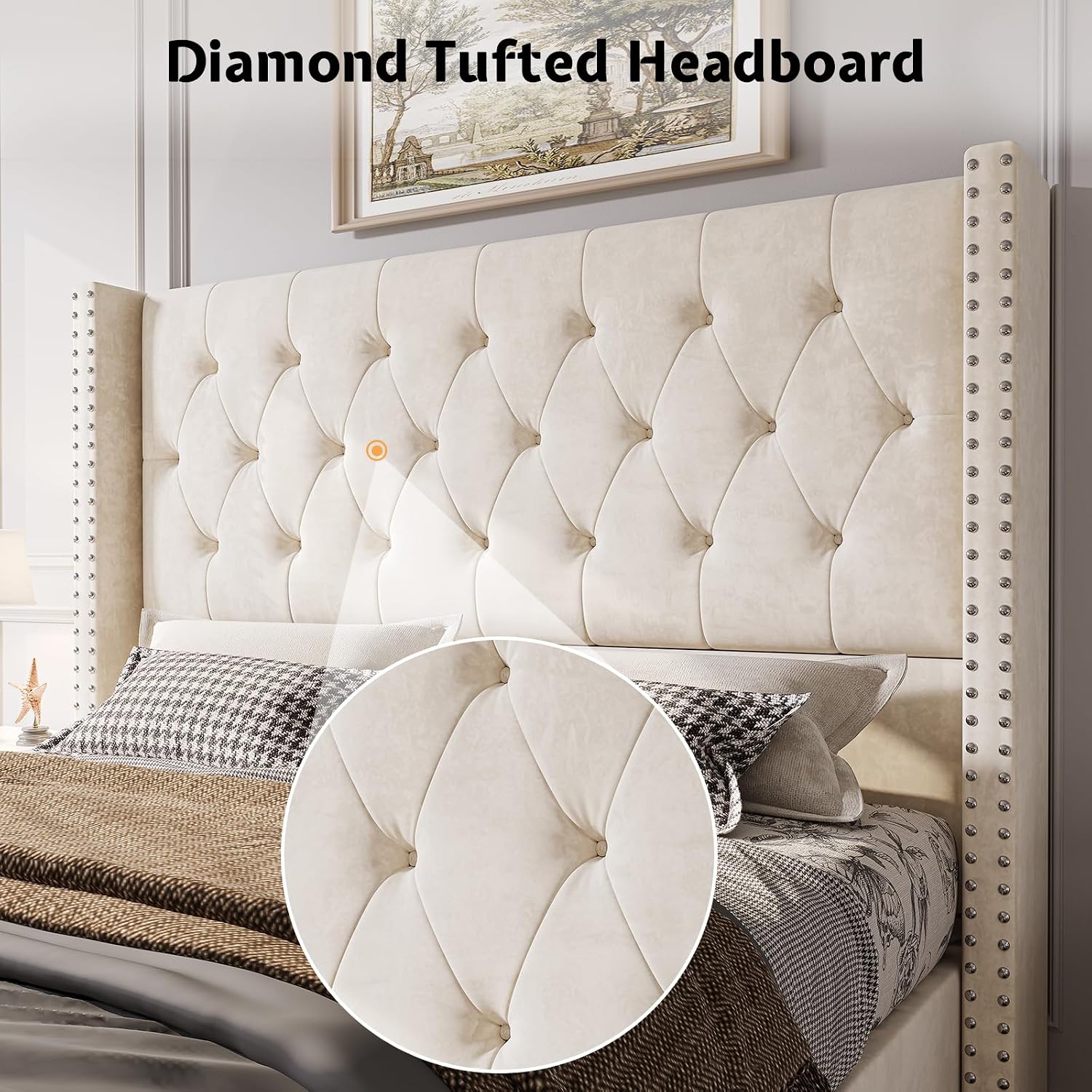 Jocisland Bed Frame King Size Velvet Tufted Upholstered Bed Low Profile Platform Bed Raised Wingback Headboard/Wood Slats Support/No Box Spring Needed/Easy Assembly/Cream