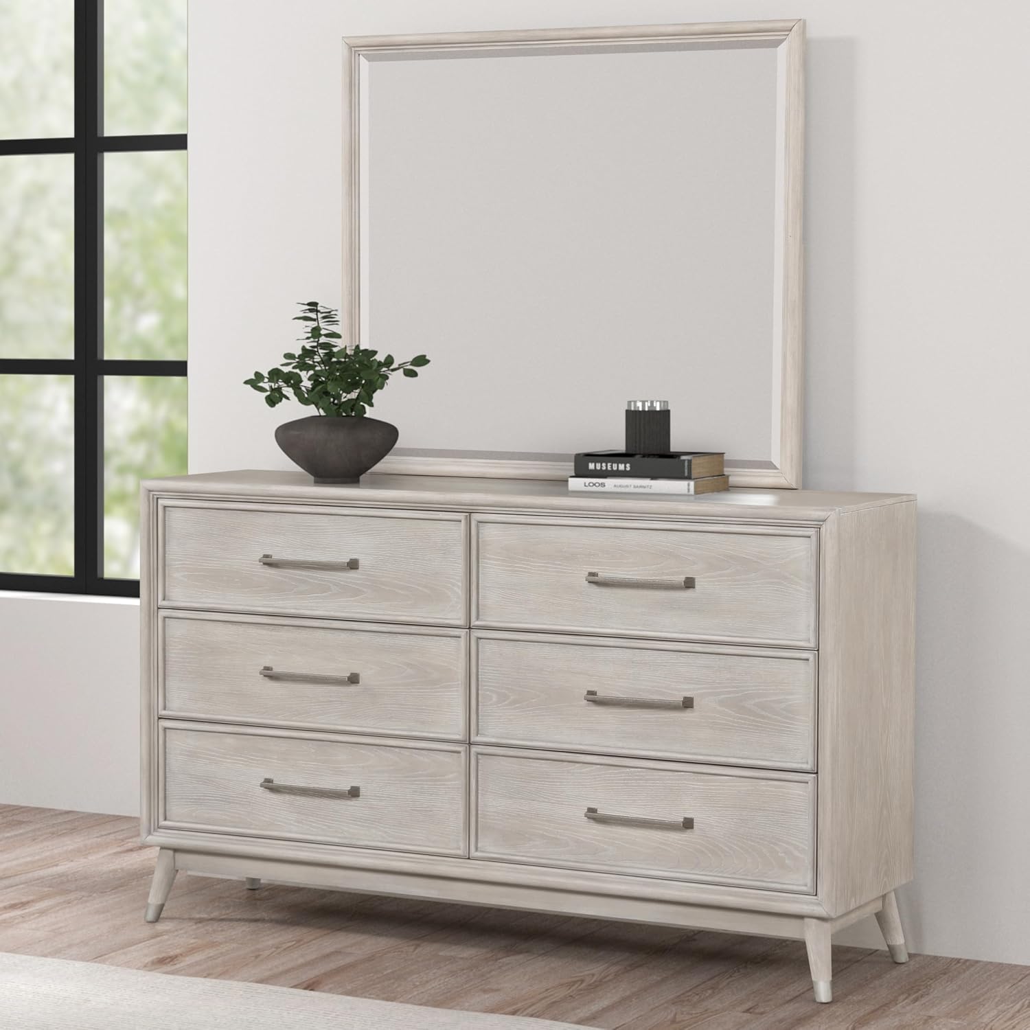Roundhill Furniture Seluna 4-Piece Bedroom Set with Touch LED Lighting, Gray Oak Finish, Queen