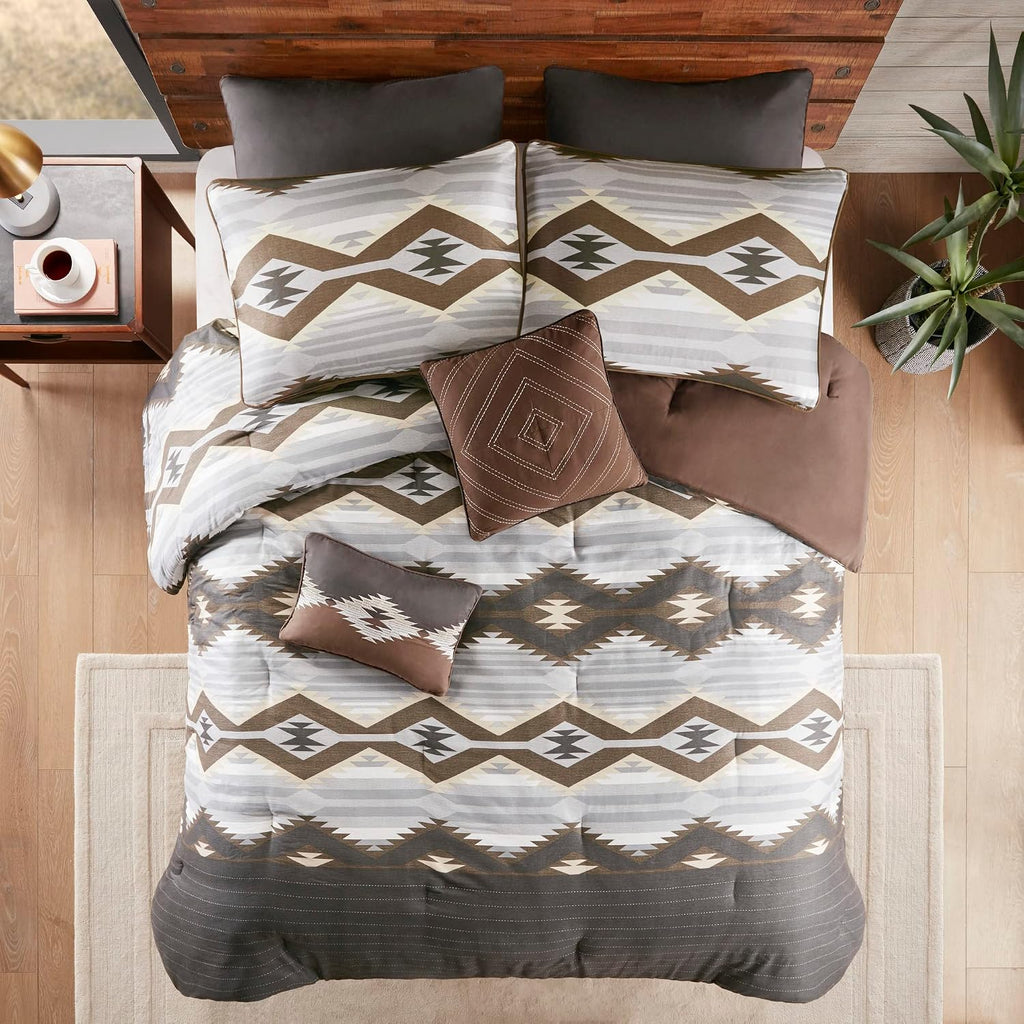 Woolrich Queen Comforter Set, Southwestern Aztec 8 Piece Bedding Set, Oversized All Season Down Alternative Comforter with Shams, Euro Shams, Decorative Pillows & Bedskirt, Rustic Cabin, Grey Brown