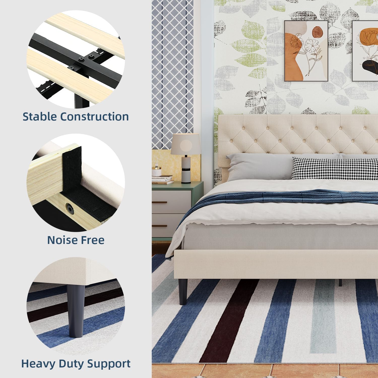 BarnFurin King Bed Frame, Upholstered Platform Bed with Button Tufted Headboard, Fabric Bed Frame with Wooden Slats Support, No Box Spring Required, Easy Assembly, Cream