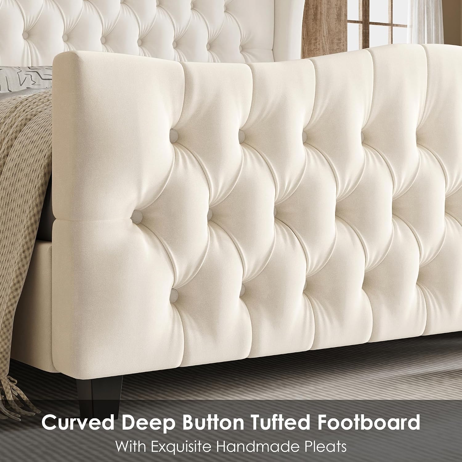 Keyluv Full Size 54.3' Tall Platform Bed Frame with Deep Button Tufted Wingback Headboard and Footboard, Velvet Upholstered Bed Frame with Handmade Pleats, No Box Spring Needed, Beige/Cream