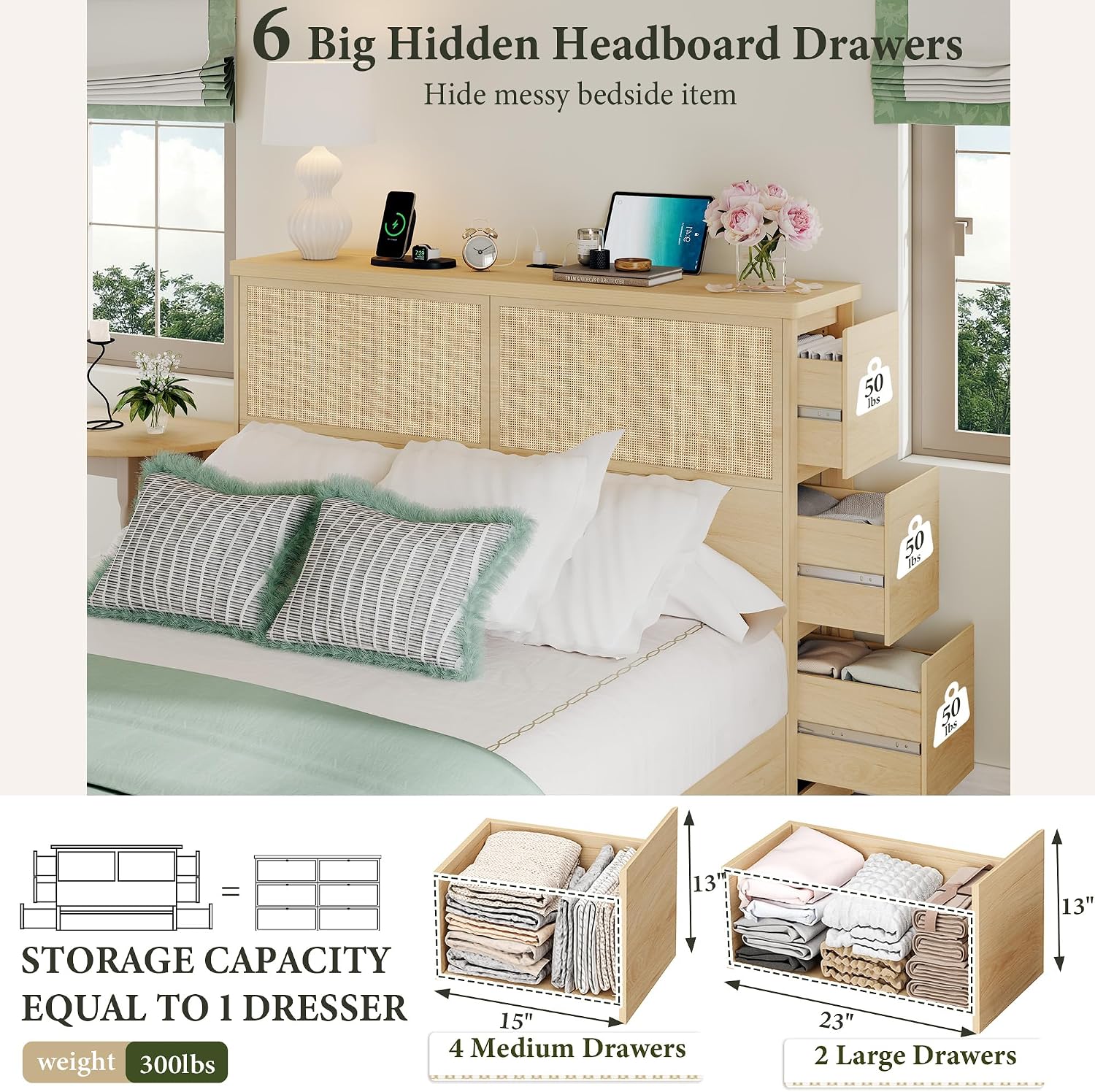 Yechen Natural Rattan Queen Bed Frame with Storage, 10 Drawers & Storage Headboard with Charging Station, Boho Rattan Wood Bed Frame with Metal Frame, Noise Free, No Box Spring Needed