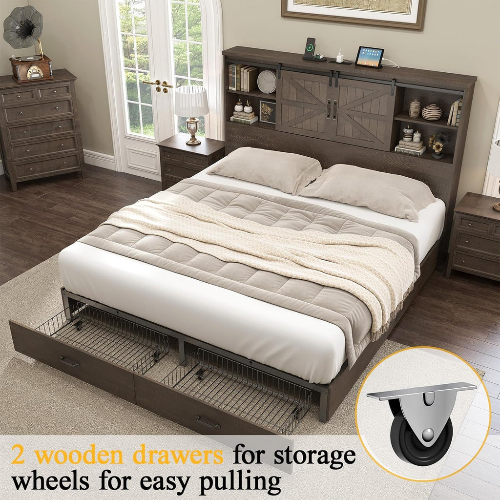 HOWE Farmhouse Queen Size Bed Frame with 51.2' Bookcase Headboard, Wooden Platform Bed with 2 Drawers, Sliding Barn Door Dec, Storage Bed with Charging Station, No Box Spring Needed, Brown