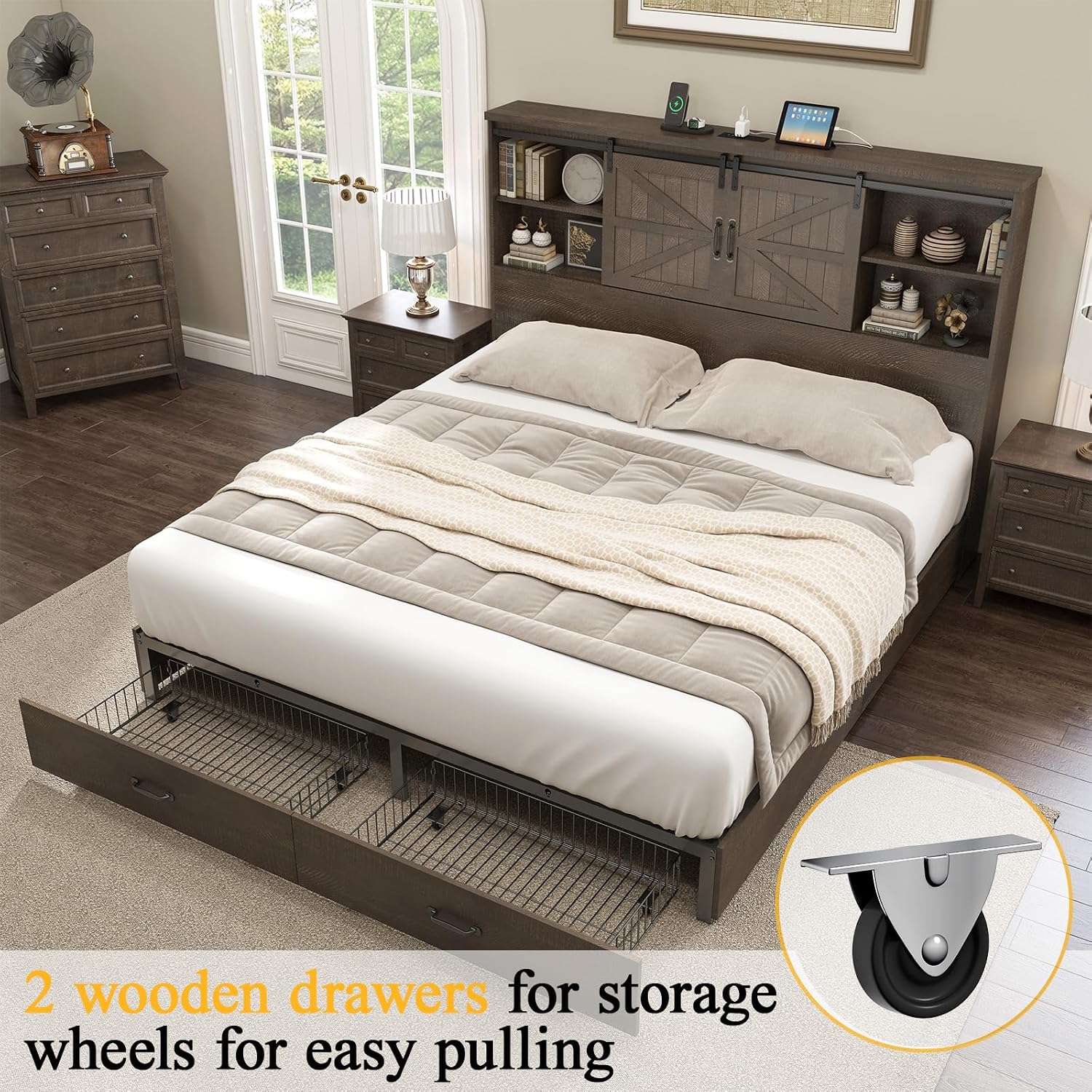 HOWE Farmhouse Queen Size Bed Frame with 51.2' Bookcase Headboard, Wooden Platform Bed with 2 Drawers, Sliding Barn Door Dec, Storage Bed with Charging Station, No Box Spring Needed, Brown