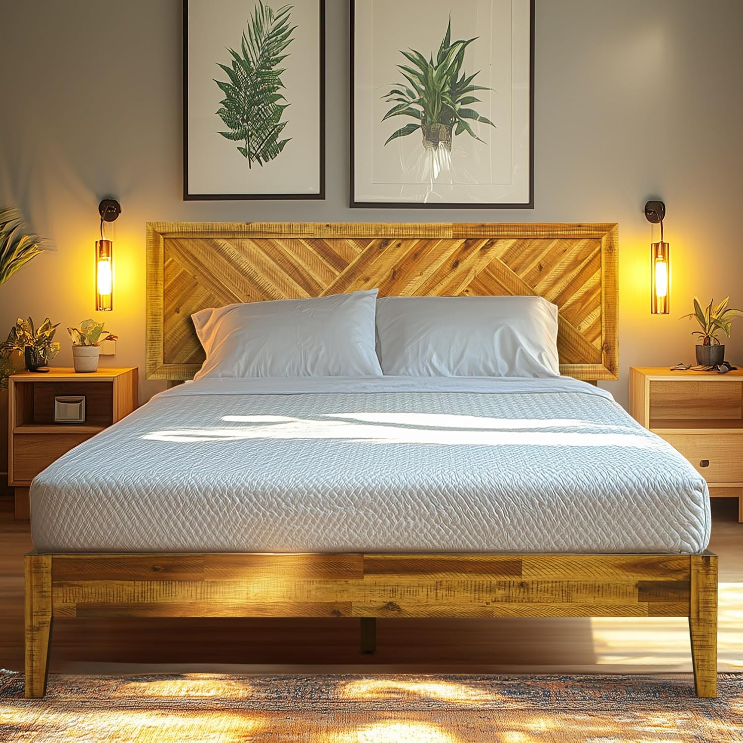 Acacia Sierra Bed Frame with Headboard Solid Wood Platform Bed, Queen Bed Frame, Tall Headboard Wood Bed Compatible with All Mattress Types, No Box Spring Needed, Early American
