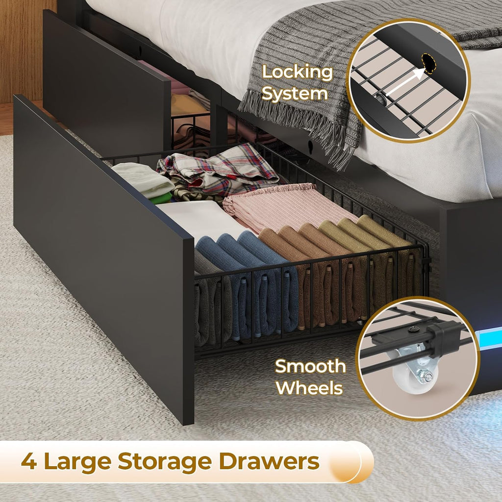 VIAGDO Full Size Bed Frame with Bookcase Headboard, Wooden Bed Frame Full Size with Charging Station, 4 Storage Drawers and LED Lights, with Type-C and USB, No Box Spring Needed, Black
