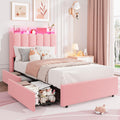 Garvee LED Twin Size Bed Frame with Storage Headboard, Kids Bed Frame with 2 Drawers, Boucle Upholstered Platform Bed for Girls, Chic Wavy Headboard with Bookcase, No Box Spring Needed, Pink