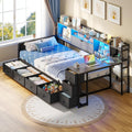 ADORNEVE Corner Bed Frame Twin Size with Desk, Storage Bookcase & 7 Drawers, Twin Metal Platform Daybed with Charging Station and RGB Lights, for Kids Bedroom, Black&Oak Gray