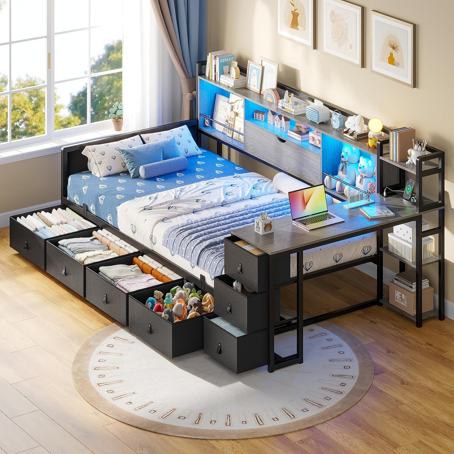 ADORNEVE Corner Bed Frame Twin Size with Desk, Storage Bookcase & 7 Drawers, Twin Metal Platform Daybed with Charging Station and RGB Lights, for Kids Bedroom, Black&Oak Gray
