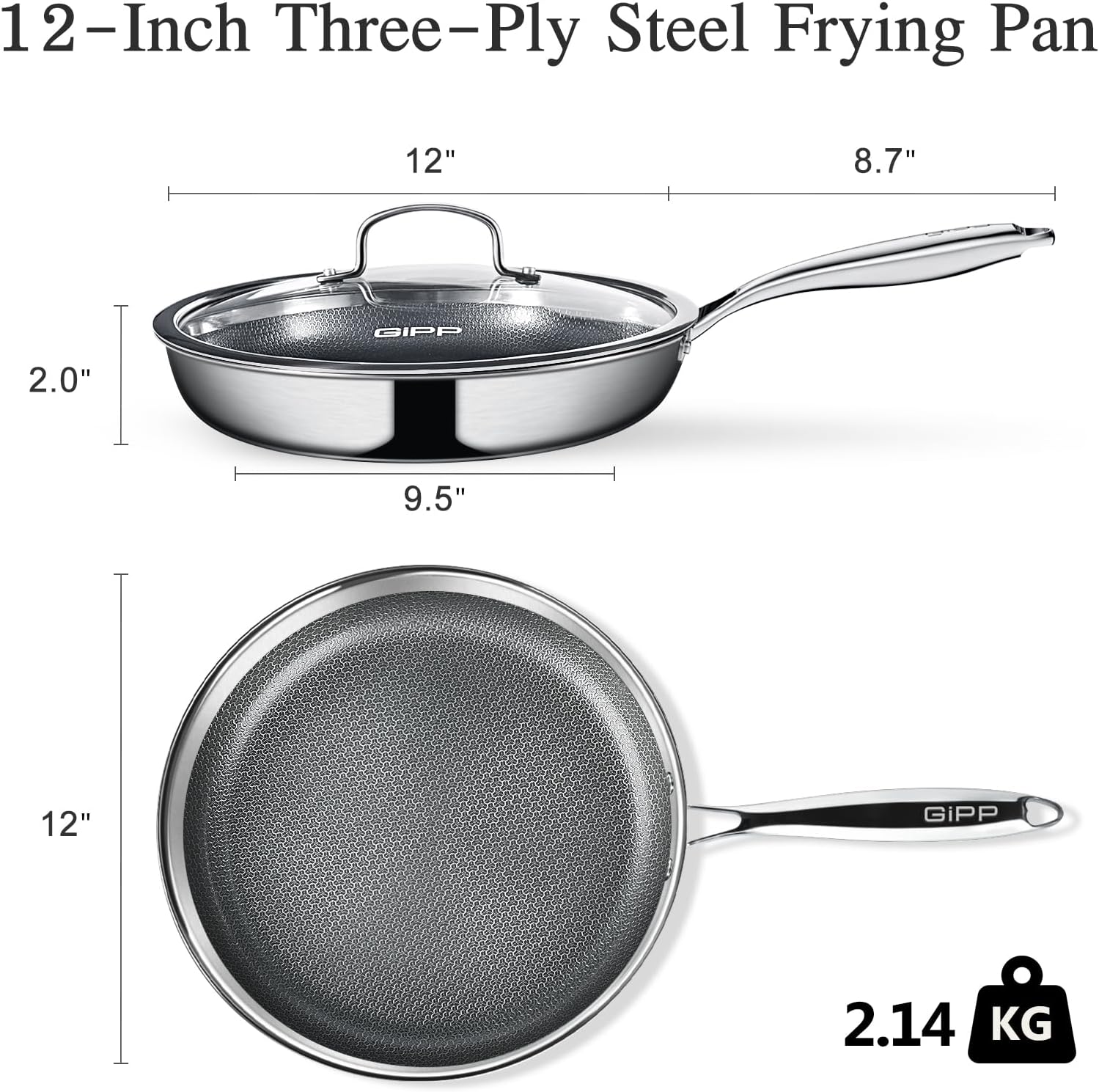 GiPP Tri-Ply Stainless Steel Frying Pan, 12 inch Hybrid Frying Pans Nonstick Skillets, Dishwasher and Oven-Safe, Induction Ready, Compatible with All Cook tops, PFOS/PFOA Free