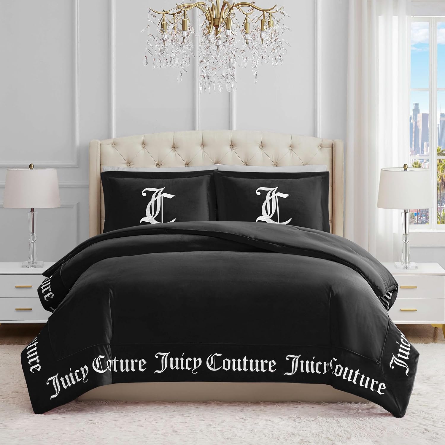 Juicy Couture - Comforter Set - Gothic Design Bedding - King - 3 Piece Set Includes (1) 108' x 92' Comforter and (2) 20' x 36' Shams - Wrinkle Resistant - Premium Bedroom Decor - Black