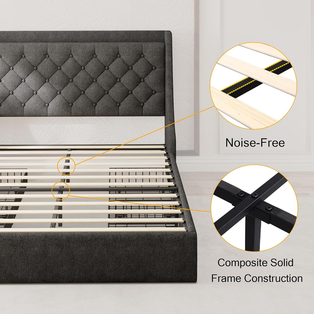 Einhomn Upholstered King Size Bed Frame with 4 Storage Drawers, Platform Bed Frame with Wingback Headboard, Charging Station, No Box Spring Needed, Dark Grey