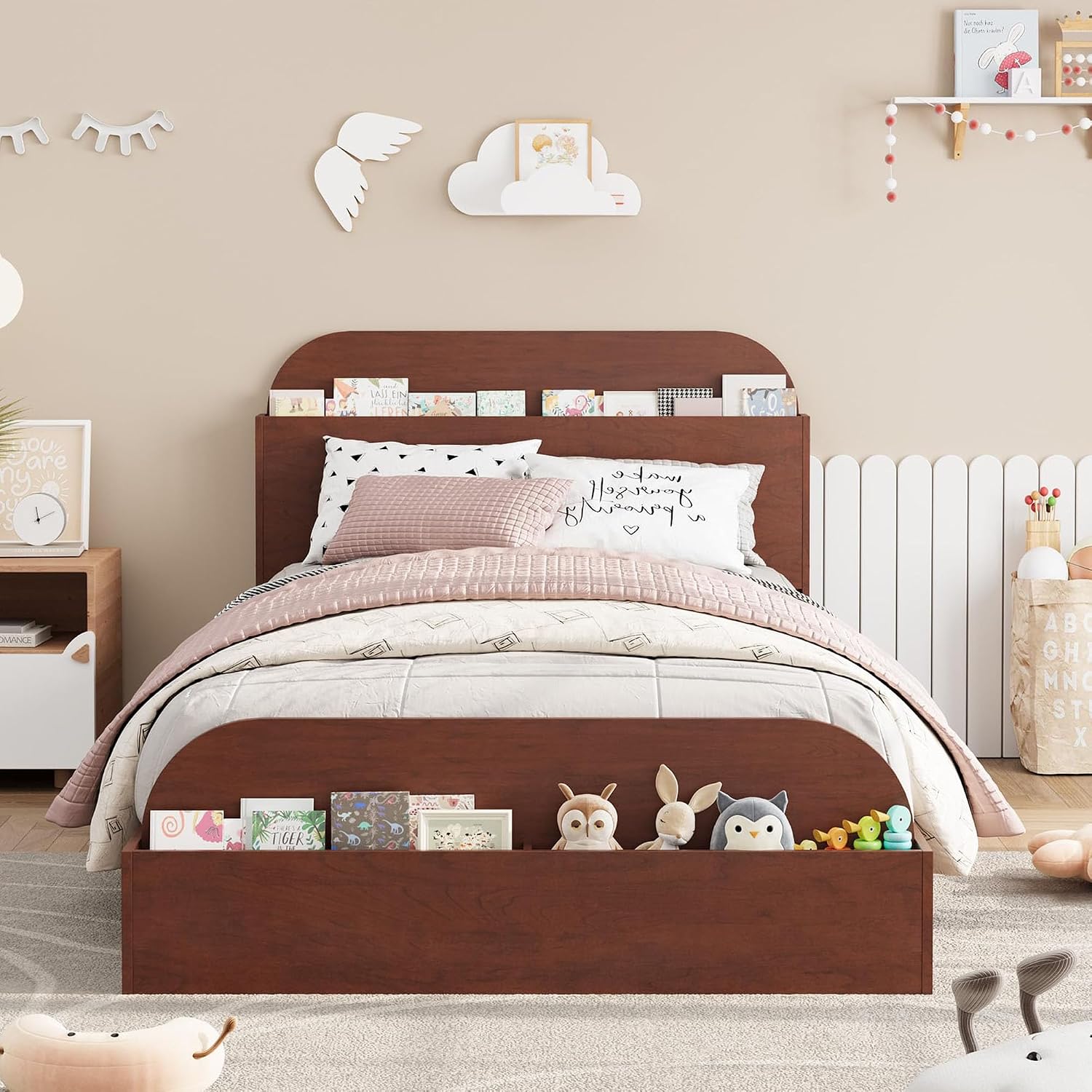 GarveeHome Twin Size Bed Frame, Wooden Beds with Storage Headboard and Raised-Foodboard for Kid, Twin-Floor Low Platform Bed for Bedroom, Sturdy Wooden Slats Support, No Box Spring Needed, Espresso