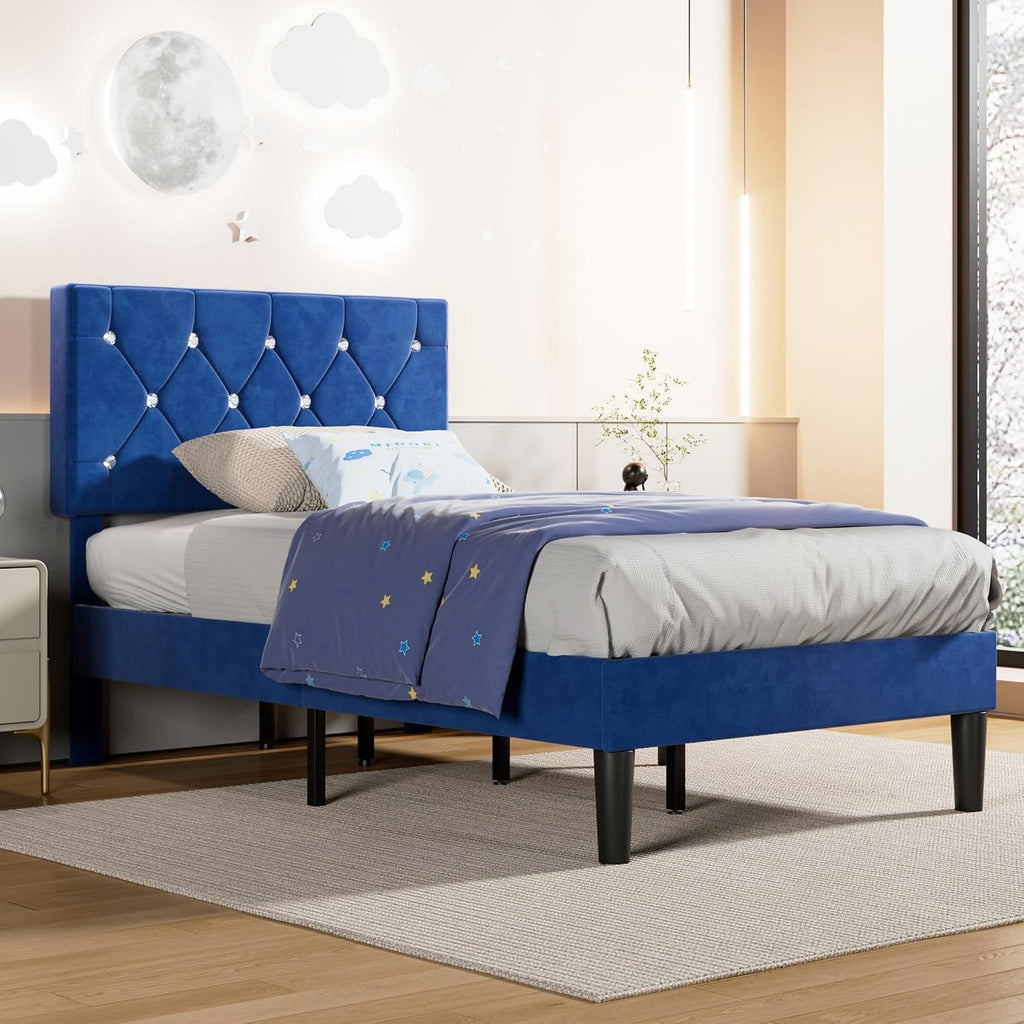 VECELO Twin Size Bed Frame, Upholstered Platform with Adjustable Diamond Tufted Headboard, Wood Slat Support, No Box Spring Needed, Navy Blue