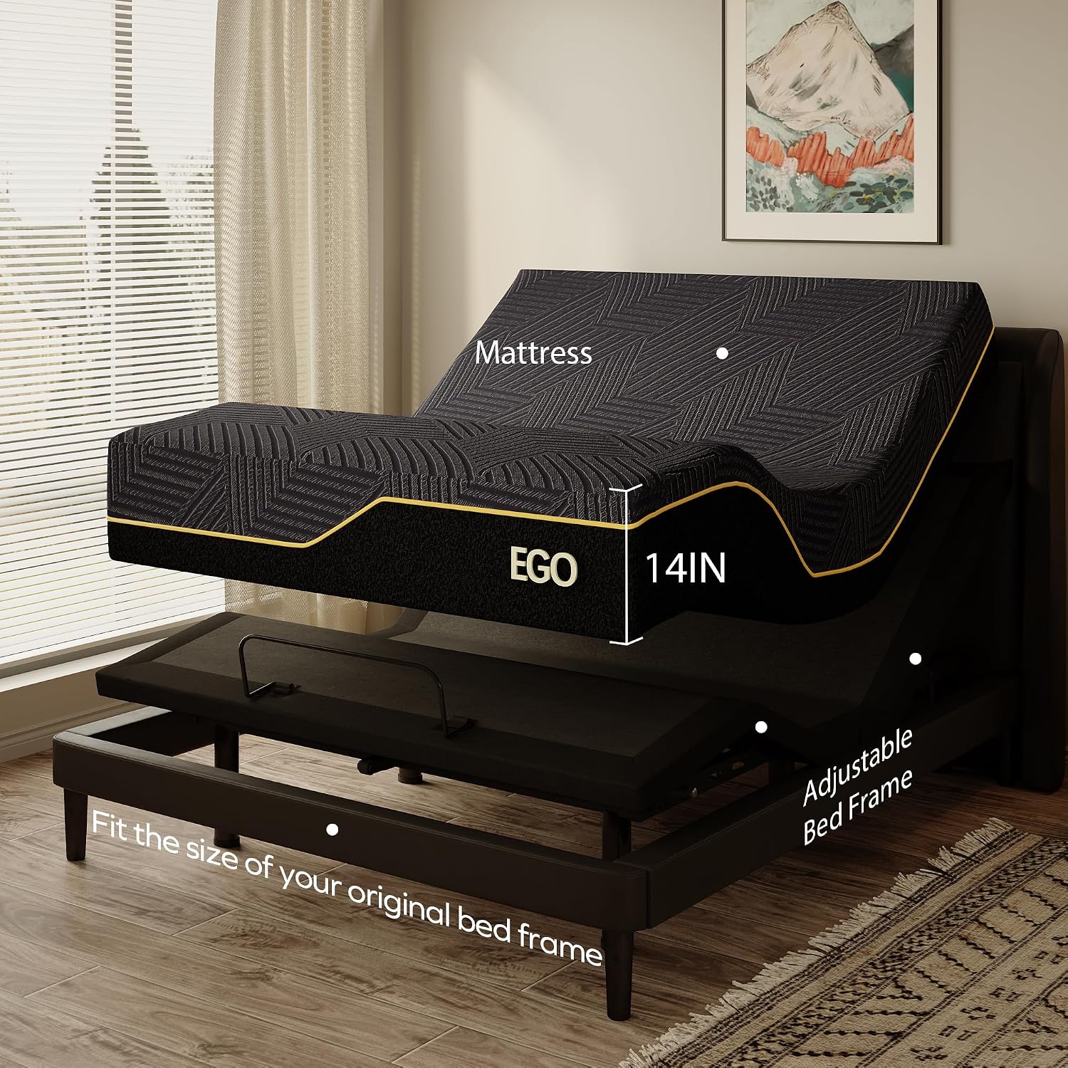 MLILY EGOHOME Adjustable Bed Frame Queen and 14 inch Memory Foam Mattress Set, Wireless Remote Adjustable Bed Base with 12' Adjustable Legs and Head and Foot Incline, Zero Gravity, Easy Assembly