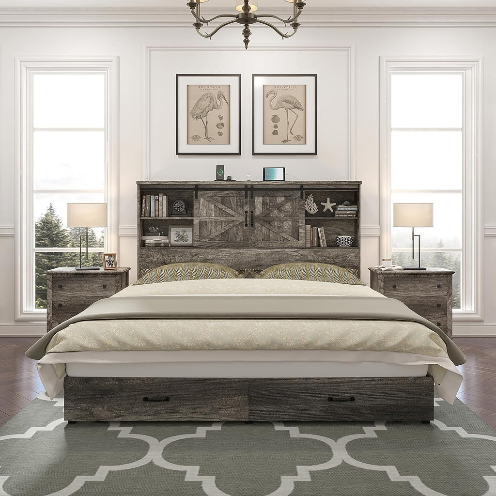 HOWE Farmhouse King Size Bed Frame with 51.2' Bookcase Headboard, Wooden Platform Bed with 2 Drawers, Sliding Barn Door Dec, Storage Bed with Charging Station, No Box Spring Needed, Rustic Grey
