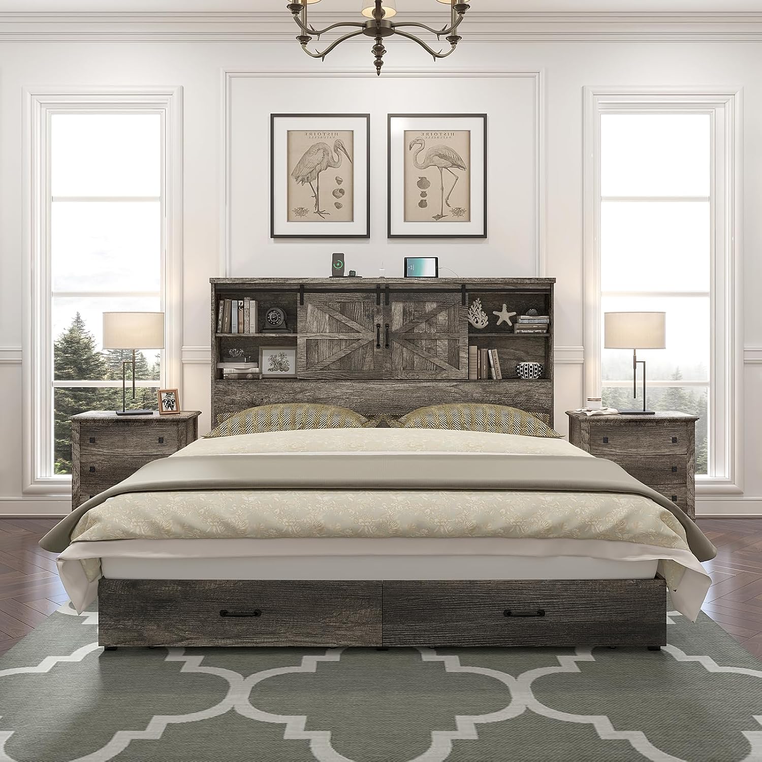 HOWE Farmhouse King Size Bed Frame with 51.2' Bookcase Headboard, Wooden Platform Bed with 2 Drawers, Sliding Barn Door Dec, Storage Bed with Charging Station, No Box Spring Needed, Rustic Grey