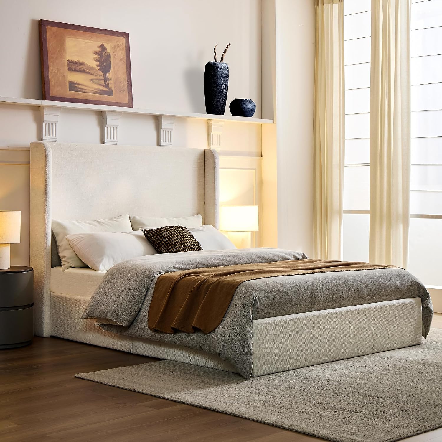 Full Size Upholstered Platform Bed Frame, 53.5' High Headboard Carmen Wingback Beds, Tall Headboard King Floor Bed Frames, No Box Spring Needed No Noise, Minimalist, Textured Ivory