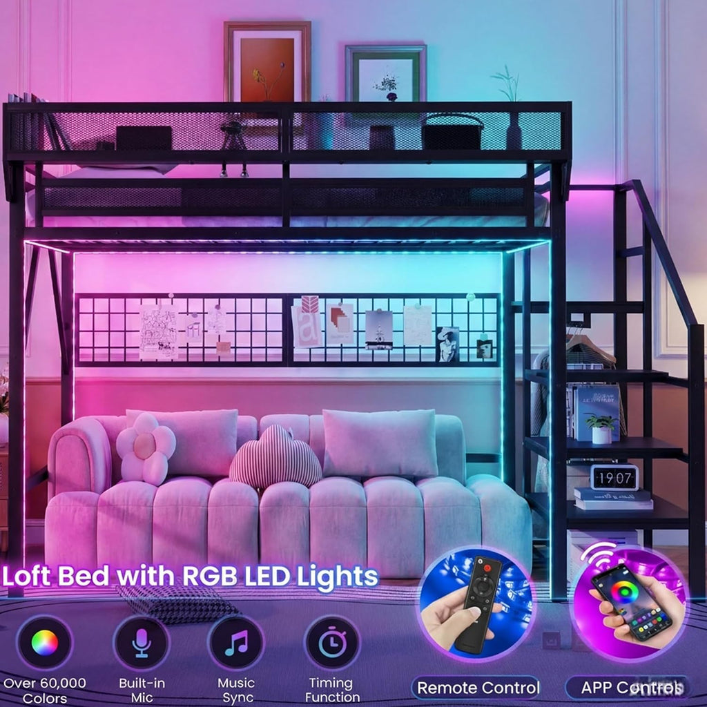Full Size Loft Bed with Stairs and LED Light, Metal Loft Bed Frame with Shelf for Adults, Tall Loft Beds with Storage Shelves and Wardrobe for Kids Boys Girls Teens, Convertible Staircase, Black
