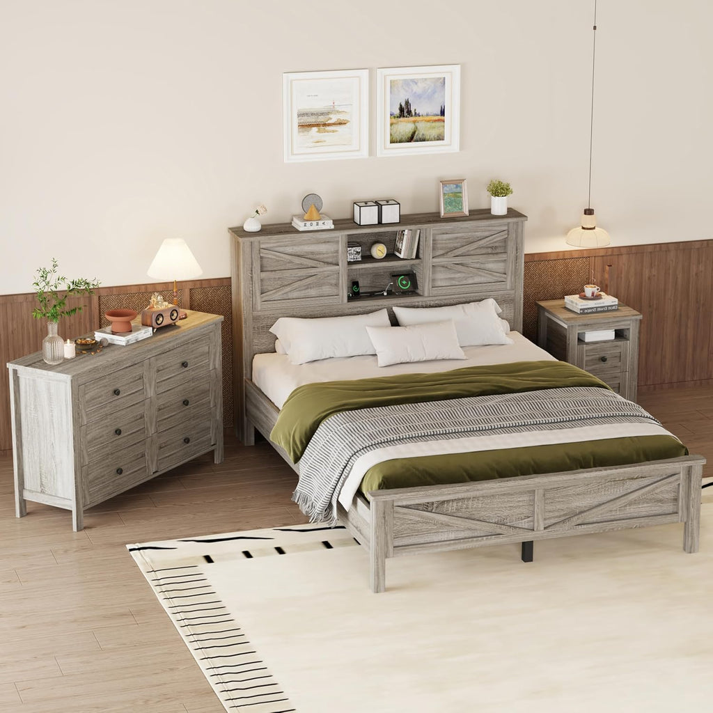 SOFTSEA 3 Piece Farmhouse Bedroom Set, Queen Size Platform Bed with Storage Headboard and Charging Station, Storage Dresser and Nightstand, Wood Bed Frame Set, Antique Gray