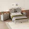 SOFTSEA 3 Piece Farmhouse Bedroom Set, Queen Size Platform Bed with Storage Headboard and Charging Station, Storage Dresser and Nightstand, Wood Bed Frame Set, Antique Gray