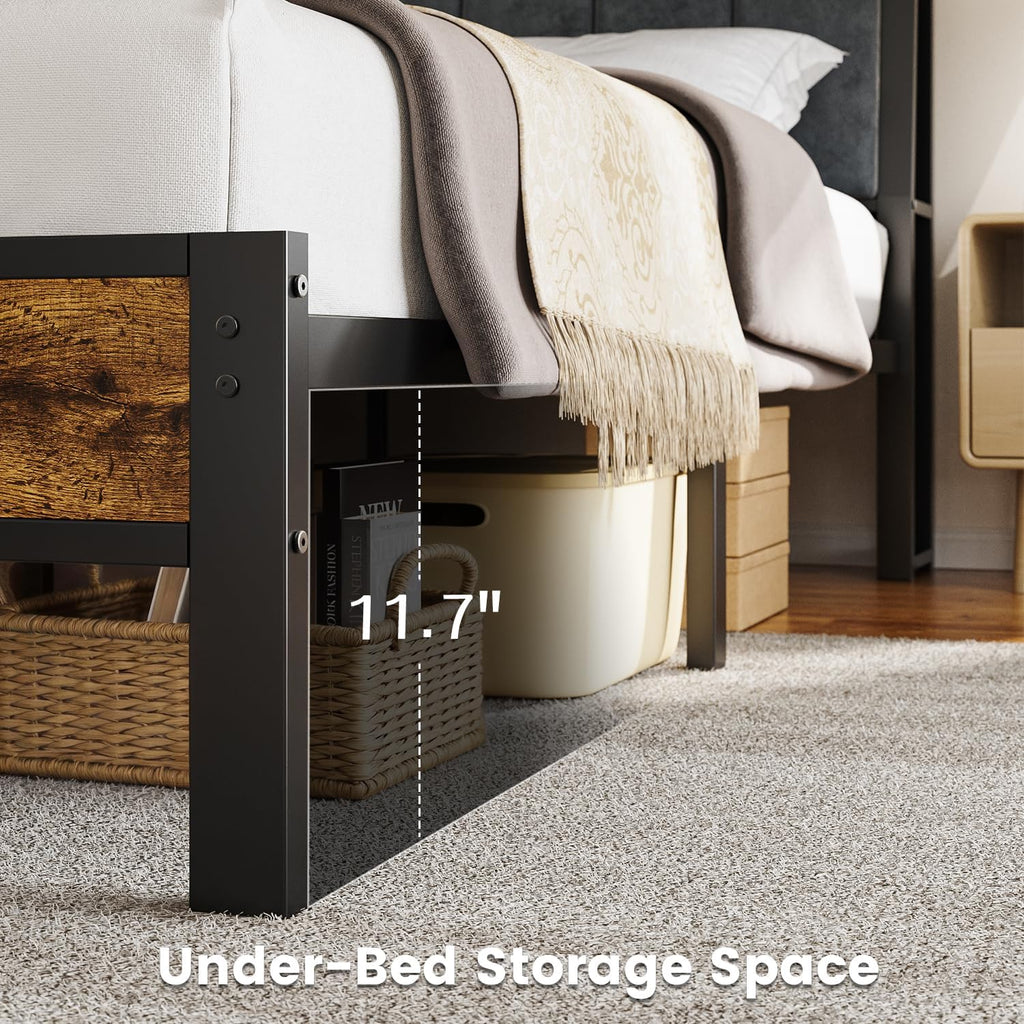 King Size Bed Frame with USB Charging Station, Storage Headboard with Smart LED Lights, Metal Platform Bed Noise Free, No Box Spring Needed, Easy Assembly