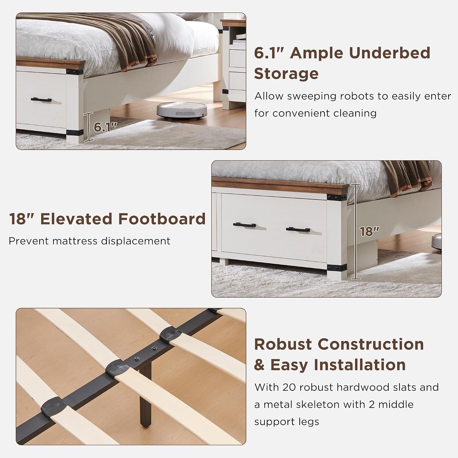 T4TREAM Farmhouse Queen Size Bed Frame with 54' Tall Geometric Headboard & 2 Large Storage Drawers, Rustic Wood Platform Bed with Wood Slats Support, No Box Spring Needed, Antique White