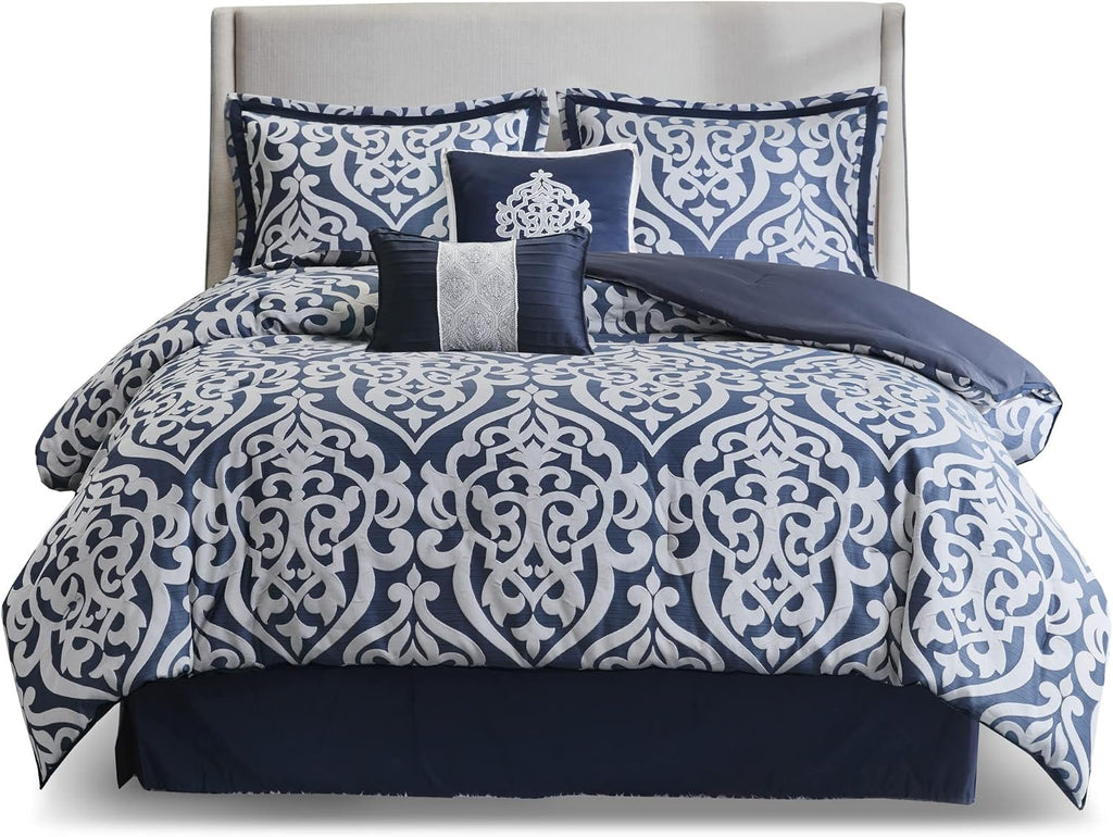 Madison Park Tesla Cozy Comforter Set Jacquard Damask Medallion Design - All Season Down Alternative Bedding, Shams, Bedskirt, Decorative Pillows, King, Navy 6 Piece