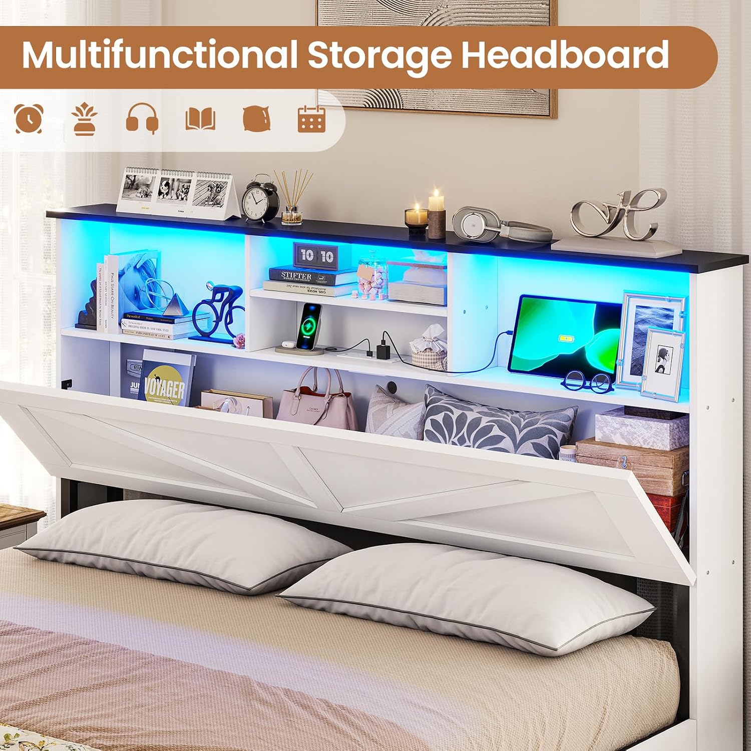 VIAGDO Farmhouse Bed Frame Full Size with Bookcase Storage Headboard, Charging Station and LED Lights, Wooden Full Bed Frame with 4 Drawers, Barn Door Design, No Box Spring Needed, No Noise, White