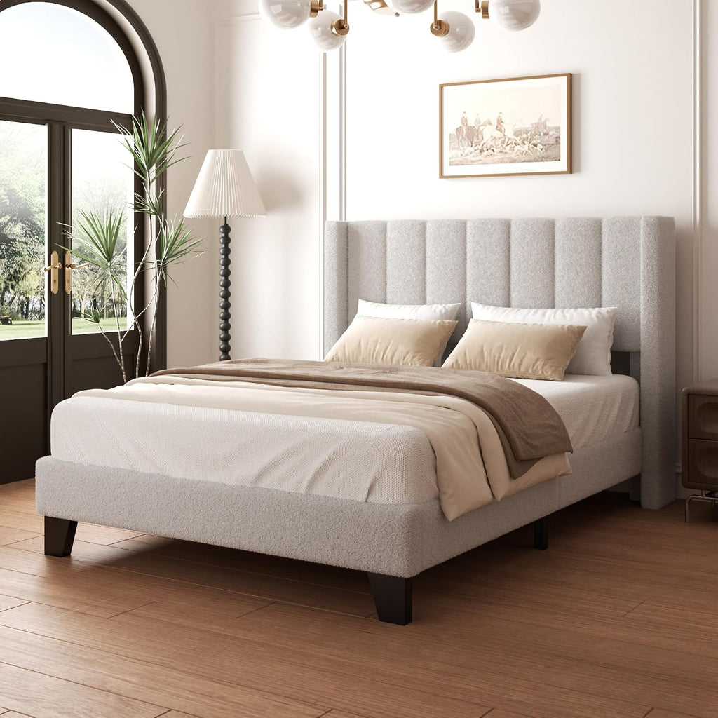 Full Bed Frame with Headboard Upholstered Platform Bed Frame with Teddy Velvet Headboard, Wooden Slats Support/Wing Edge Design/No Box Spring Needed/Easy Assembly, Grey Full