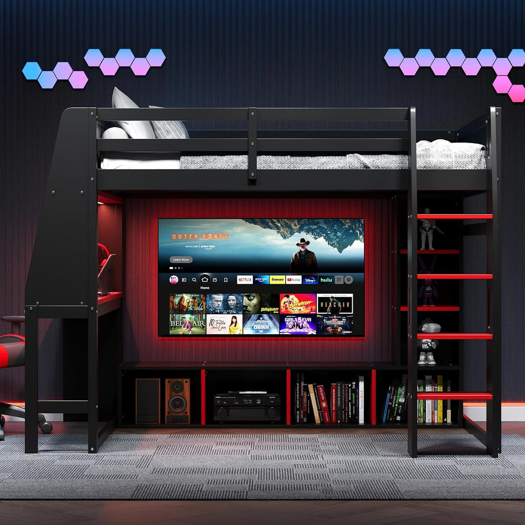 Harper & Bright Designs Twin Size Loft Bed with Gaming Desk,Storage Shelves,LED Light and Hanging Rack,Solid Wood Loft Bed Frame with Under-Bed Space,Esports Design for PC & Console Gamers,Black