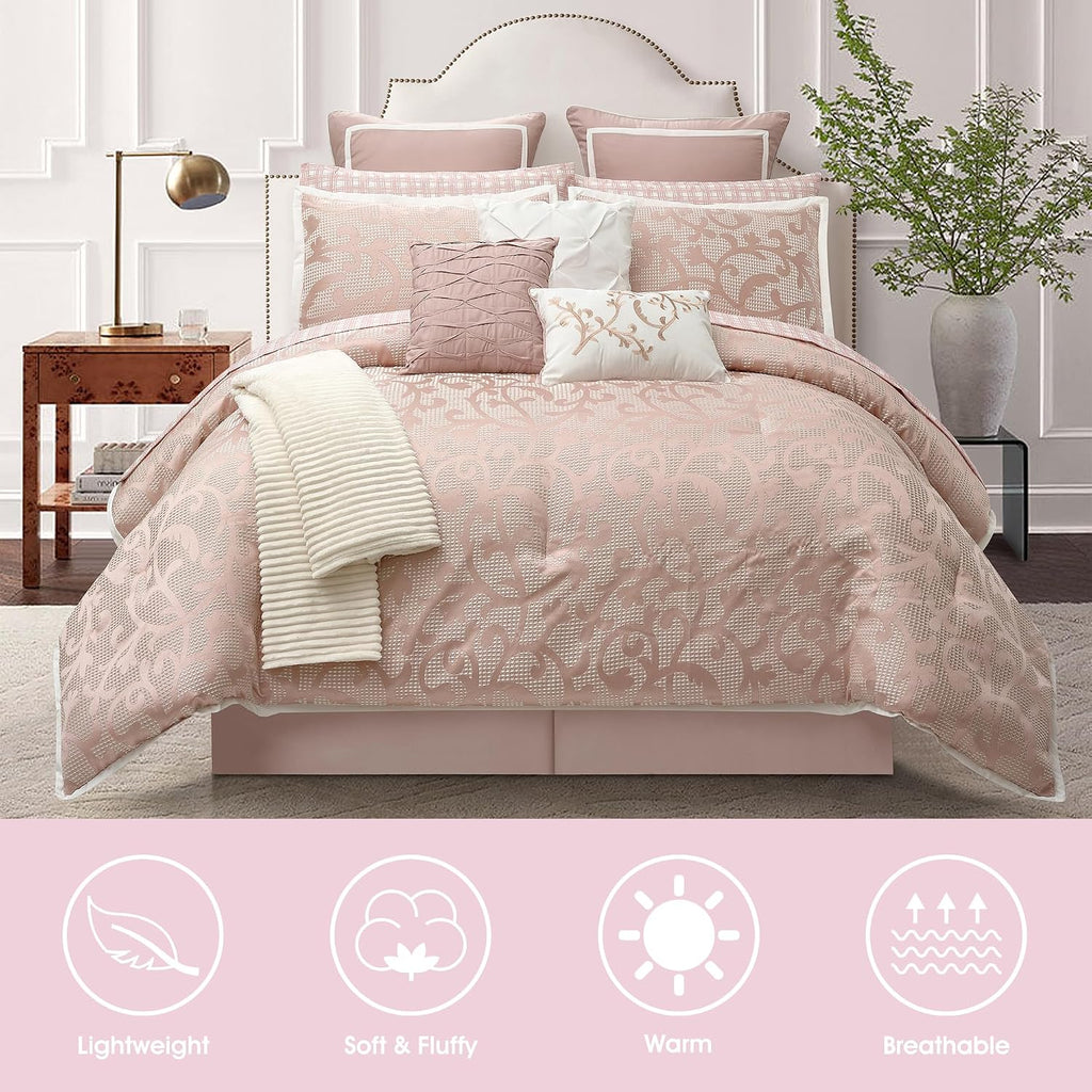 LANCO MODERN LIFESTYLE Blush King Size Comforter Set, Classic Jacquard Floral 14 Pieces Bedding Set, Ultra Soft for All Seasons, Sheets, Bedskirt, Throw, Matching Shams and Decor Pillows
